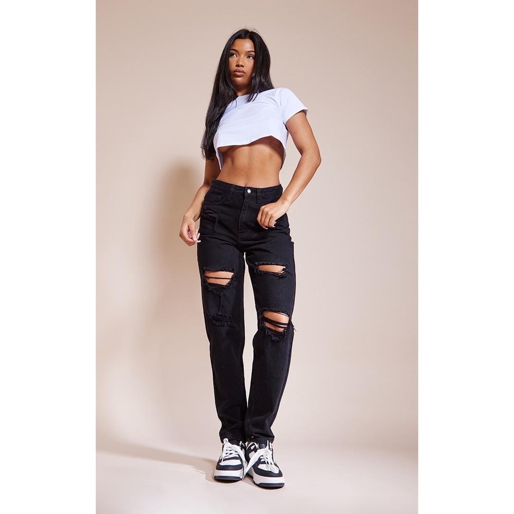 PrettyLittleThing Black Distressed High Waisted‎ Mom Jeans Size US 10 NWT